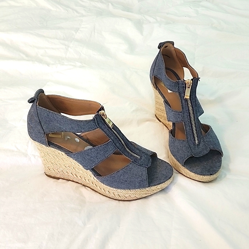 Report denim Espadrille wedge zipper heel strappy 4 in heel 1in platform